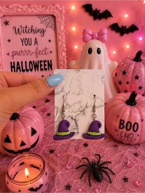 Purple Witch Hat Dangle Earrings for Kids - Cute Halloween Accessories